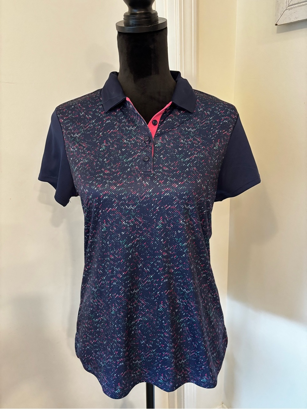 PGA Tour Navy Button-Down Polo with Pink Trim
